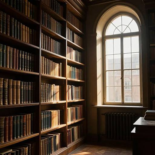 Photograph of a dimly lit library room with tall wooden bookshelves filled with books, sunlight streaming through an arched window.