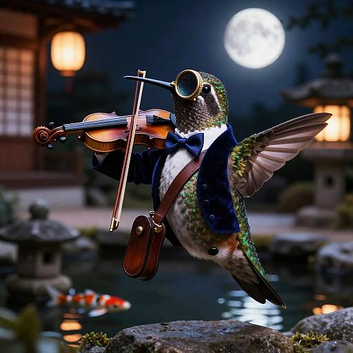 Hummingbird Minstrel in Moonlit Teahouse Garden