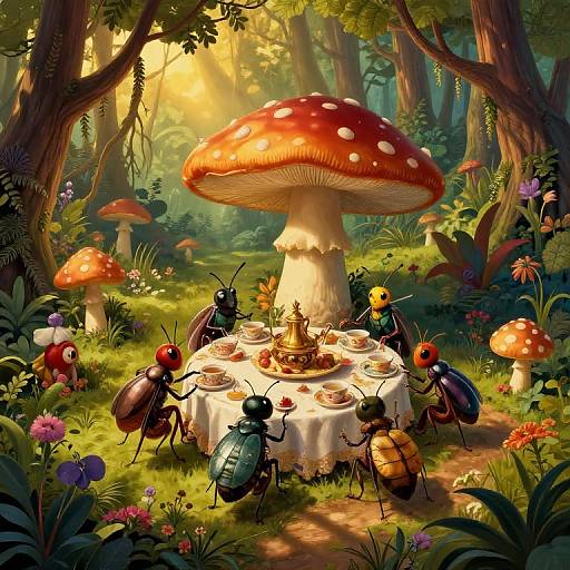 Fantastical forest scene: six anthropomorphic ants dine at a white-clothed table under a giant red-spotted mushroom, surrounded by vibrant flowers