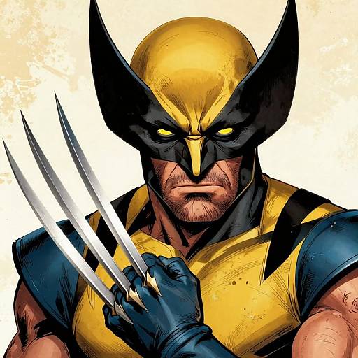 Comic-style illustration of a muscular, angry man with a yellow and black mask, sharp claws, and intense yellow eyes, holding claws forward.