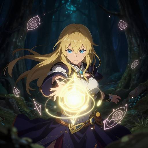 Digital anime-style drawing of a blonde, blue-eyed mage in a dark forest, casting a glowing spell with swirling magical symbols.