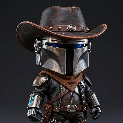 Photograph of a detailed, miniature Mandalorian toy in a cowboy hat, metallic helmet, black leather jacket, brown scarf, and silver armor, against