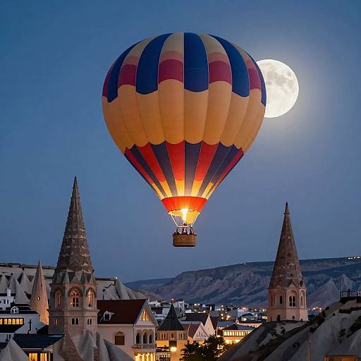 Photograph of a colorful hot air balloon with red, yellow, and blue stripes, soaring above a moonlit, blue night sky, over a town