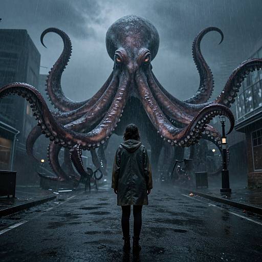 Photograph-like digital artwork of a person in a raincoat facing a massive, tentacled octopus in a rainy, blue-toned city street