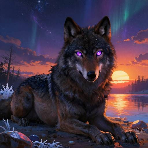 Onyx Wolf with Glowing Violet Eyes at Sunrise