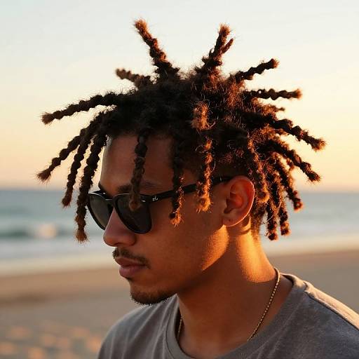 Photograph of a young Black man with medium brown skin, wearing black sunglasses and gray shirt, with prominent dreadlocks, standing on a sunlit beach