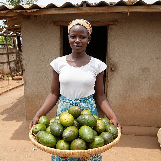 African woman with dark skin, white shirt, blue patterned skirt, and headscarf, holding a basket of green avocados, stands