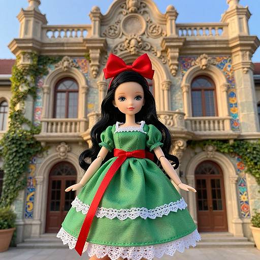 Photograph of a doll with long black hair, green dress with white lace trim, red ribbon, and red bow, standing in front of an orn