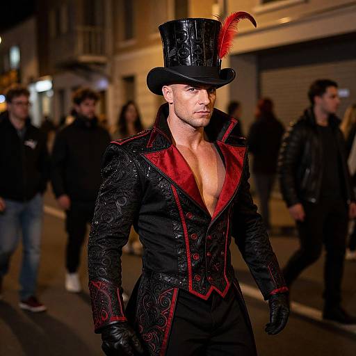 Photograph of a muscular man in a black, ornate top hat with a red feather, black Victorian-style coat with red trim, and open chest