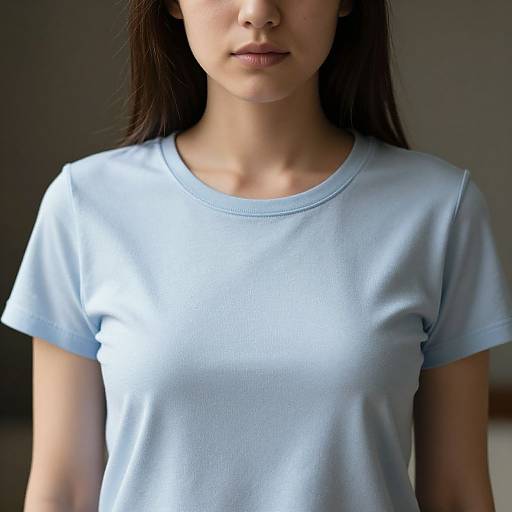 Photograph of an Asian woman with long dark hair, wearing a light blue, short-sleeved t-shirt, standing against a dimly lit background