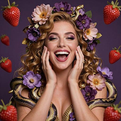 Photorealistic portrait of a smiling woman with curly blonde hair, purple and white flowers in her hair, gold and black dress, hands on cheeks,