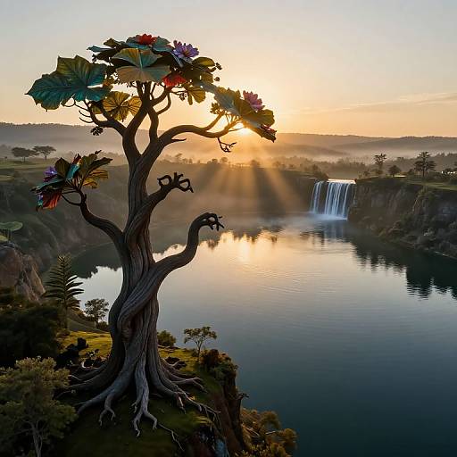 Digital fantasy landscape at sunset: a twisted tree with colorful leaves stands beside a calm river, with a waterfall in the background. Sunbeams illuminate the