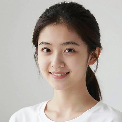 Photograph of an Asian woman with fair skin, dark hair in a ponytail, smiling, wearing a white shirt, against a plain white background.