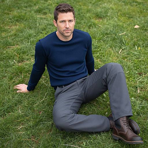 Photograph of a handsome, bearded man with short dark hair, wearing a navy sweater, gray pants, and brown boots, sitting on green grass