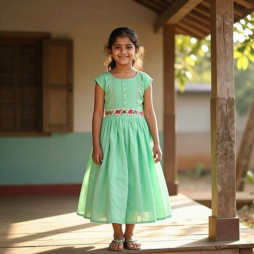 Photograph of a young Indian girl with dark hair in a mint green dress, standing under a wooden porch, smiling. Sunlight filters through, casting