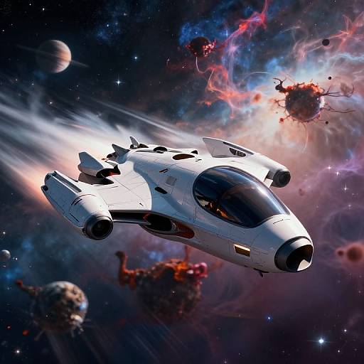 Digital illustration of a sleek, white, futuristic spaceship speeding through a colorful, star-studded galaxy with nebulae and planets in the background. Bright