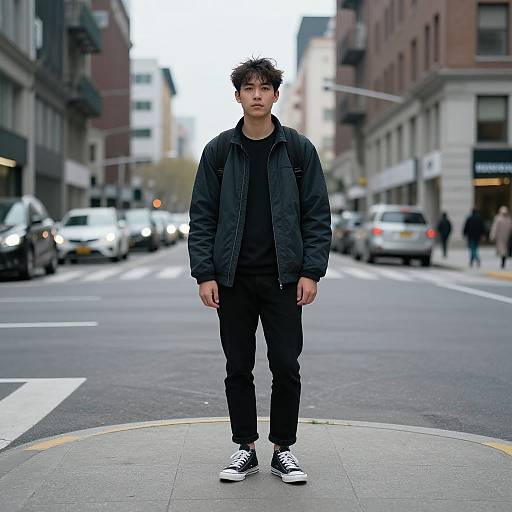 Photograph of a young Asian man with curly black hair, wearing a black jacket, black shirt, black pants, and white sneakers, standing in a