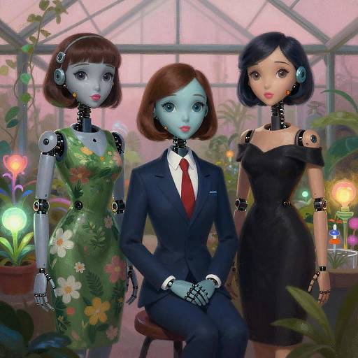 Digital art of three blue-skinned, humanoid female robots in a greenhouse. One wears a green floral dress, one a black dress, and one a