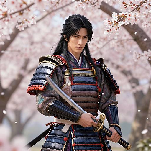 Digital artwork of a stern-looking Japanese samurai with long black hair, wearing detailed armor, holding a sword, standing under blooming cherry blossoms.