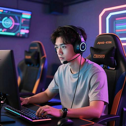Photograph of an Asian male gamer with black hair, wearing a white t-shirt and headphones, focused on a computer in a neon-lit gaming room