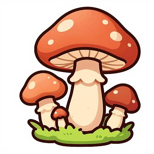 Cartoon-style digital drawing of three large red mushrooms with white spots, standing on green grass, with three smaller mushrooms in the background.
