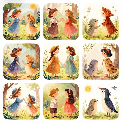 Whimsical watercolor illustrations of children in colorful dresses interacting with animals and flowers in a sunny, forested meadow. Nine panels, each capturing