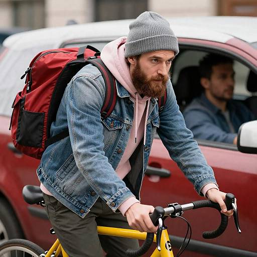 Urban Man with Bicycle and Backpack