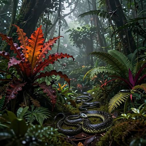 Photorealistic digital artwork of a dense, misty jungle with vibrant red and green ferns, a coiled snake on mossy ground, and