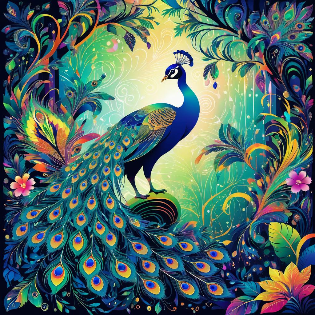 Psychedelic Jungle Scene with Peacock and Monkey