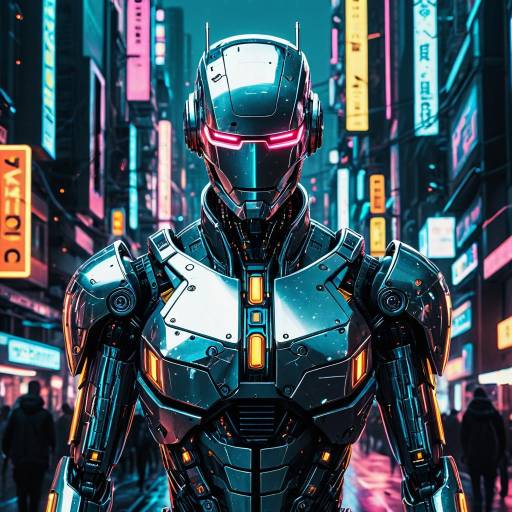 Silver Android in Neon Cyberpunk City