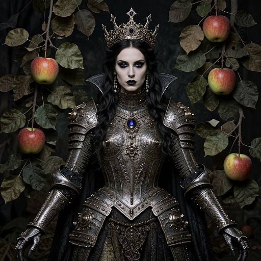 Photograph of a pale, dark-haired woman in intricate, silver medieval armor with a crown, blue gemstone, dark lipstick, surrounded by red apples