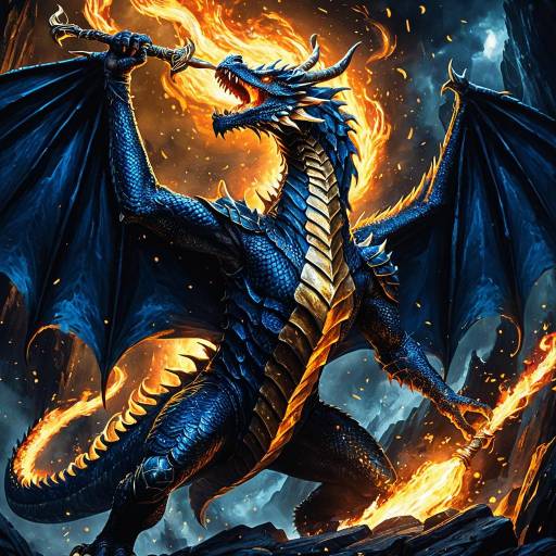 Fearsome Blue Dragon with Fire-Breathing Staff