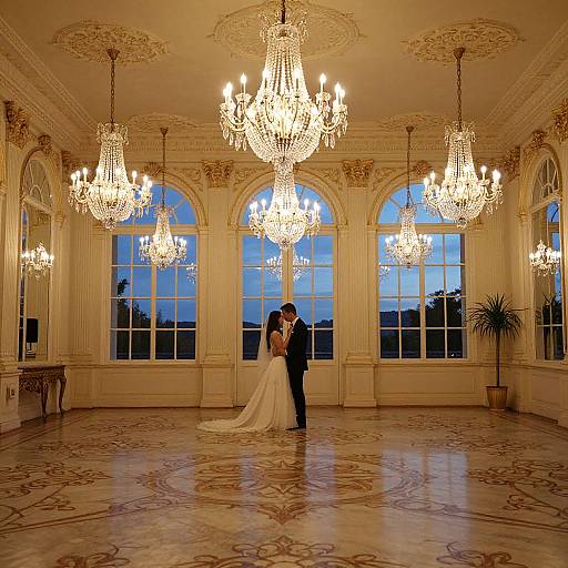 Photograph: Elegant couple kissing in ornate ballroom with grand chandeliers, arched windows, and patterned marble floor during twilight.