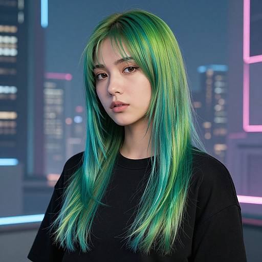 Digital portrait of an Asian woman with long, vibrant green and blue hair, wearing a black top, set against a neon-lit cityscape background.