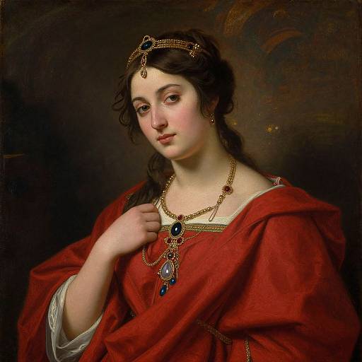 Classical portrait painting of a fair-skinned woman with dark curly hair, wearing a red robe, gold jewelry, and a headpiece, against a