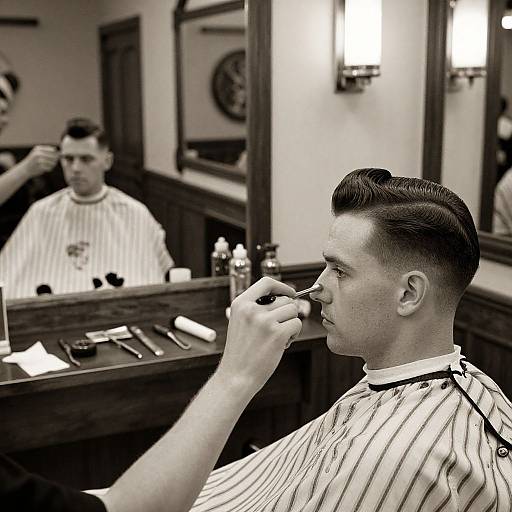 Black-and-white photograph of a man with short, slicked-back hair applying black eyeliner in a vintage-style barbershop mirror reflection.