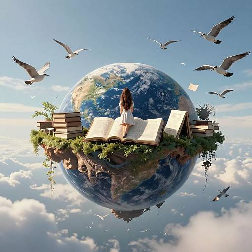 Digital art of a girl in a white dress, standing on a floating island with books and plants, surrounded by birds, under a large, reflective Earth
