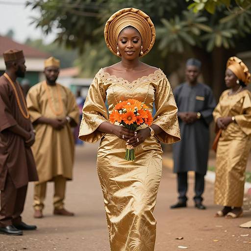 Nigerian Bride in Gold Traditional Attire Holding Orange Bouquet