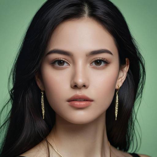 Portrait of Woman with Long Black Hair and Gold Earrings