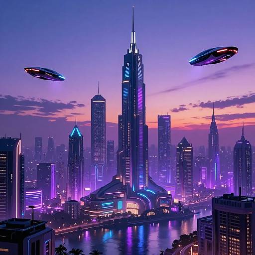Digital artwork of a futuristic cityscape at twilight, featuring neon-lit skyscrapers, a prominent central tower, and three hovering UFOs against a
