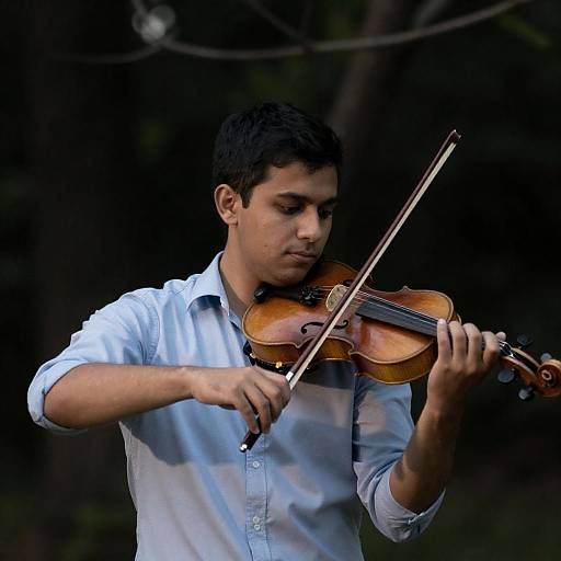 Passionate Violinist in Light Blue Outdoors