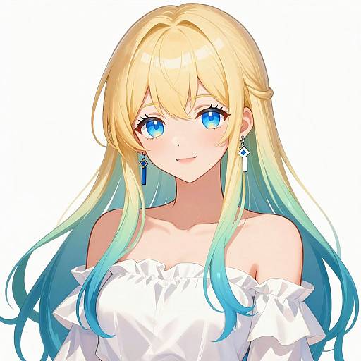Digital anime-style drawing of a blonde woman with long, gradient blue-green hair, blue eyes, wearing a white off-shoulder top, and blue