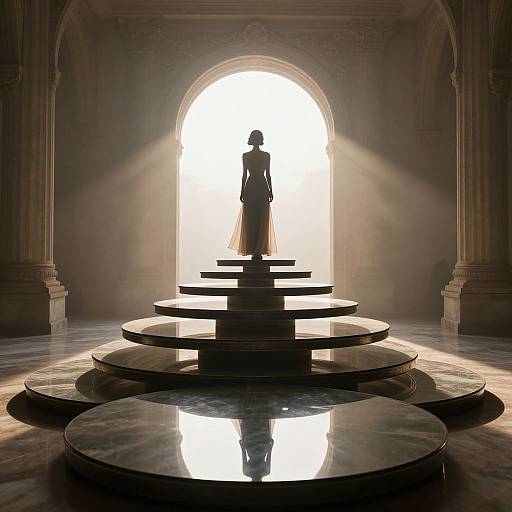 Silhouetted figure in dress stands on multi-tiered black marble fountain against bright arched window in ornate, dimly lit room.