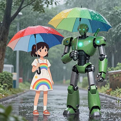 Digital anime-style drawing of a cute girl in a rainbow dress and a green robot sharing a colorful umbrella on a rainy street.
