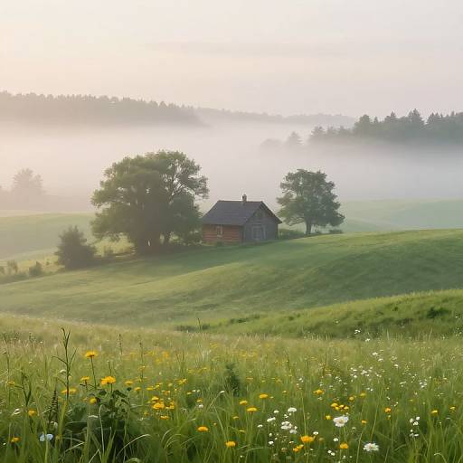Photograph of a misty, sunlit countryside with a small wooden house, surrounded by green hills, trees, and a field of yellow and white