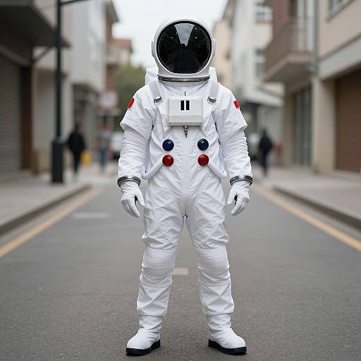 Photograph of a white astronaut suit with black helmet and visor, standing on an urban street, blurred buildings and people in background.