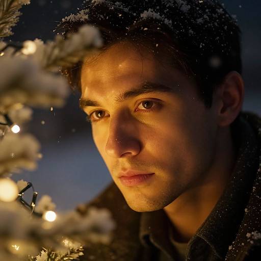 Close-up photograph of a young man with dark hair and warm, illuminated face, framed by snow-covered Christmas tree branches against a dark, starry night