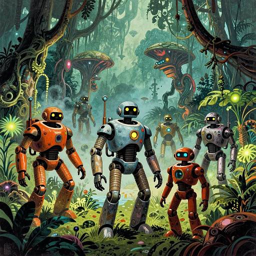 Digital art: Vibrant jungle scene with five glowing, orange and silver robots standing among lush plants and bioluminescent mushrooms. Alien-like creatures lo