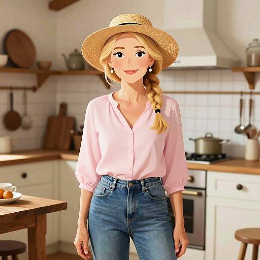 Middle-aged Woman in Rustic Farmhouse Kitchen