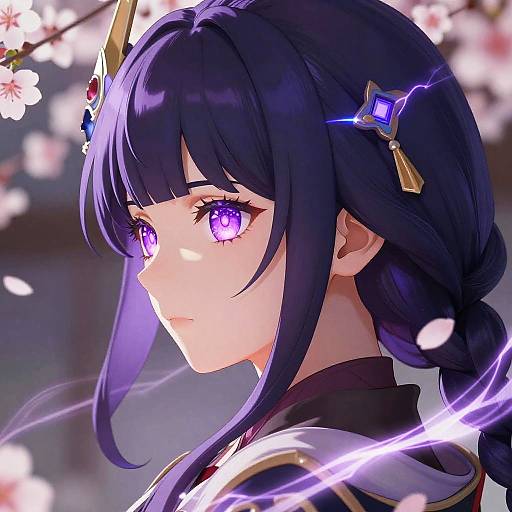 Digital anime-style portrait of a young woman with long dark purple hair, vivid purple eyes, and glowing purple energy, set against a background of cherry bloss